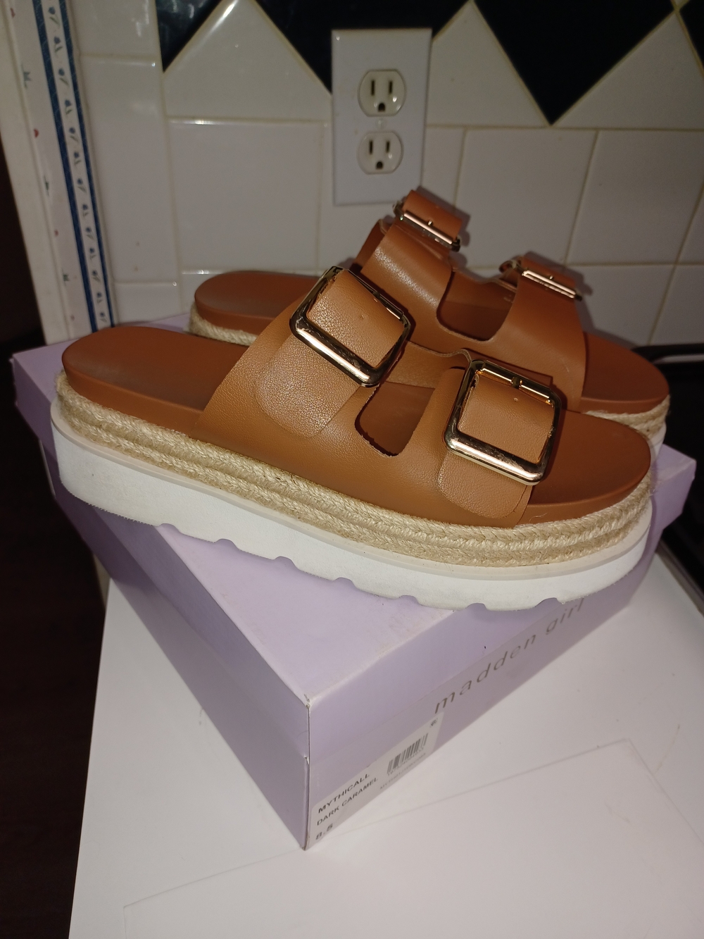 Tan Double-Buckle Platform Slide Sandals - Madden Girl